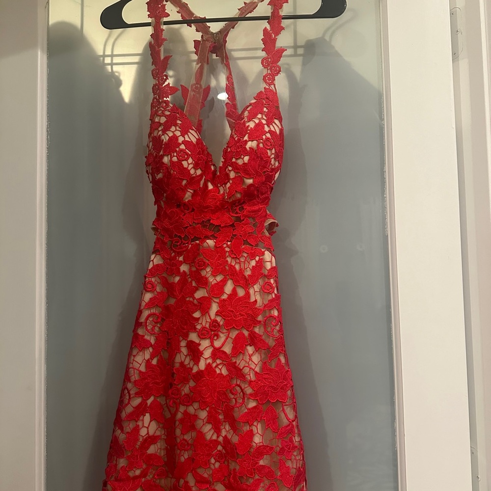 Faviana Red and cream cocktail dress